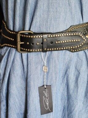 Studded And Laced Black Leather Contour Belt with Antique Brass Hardware